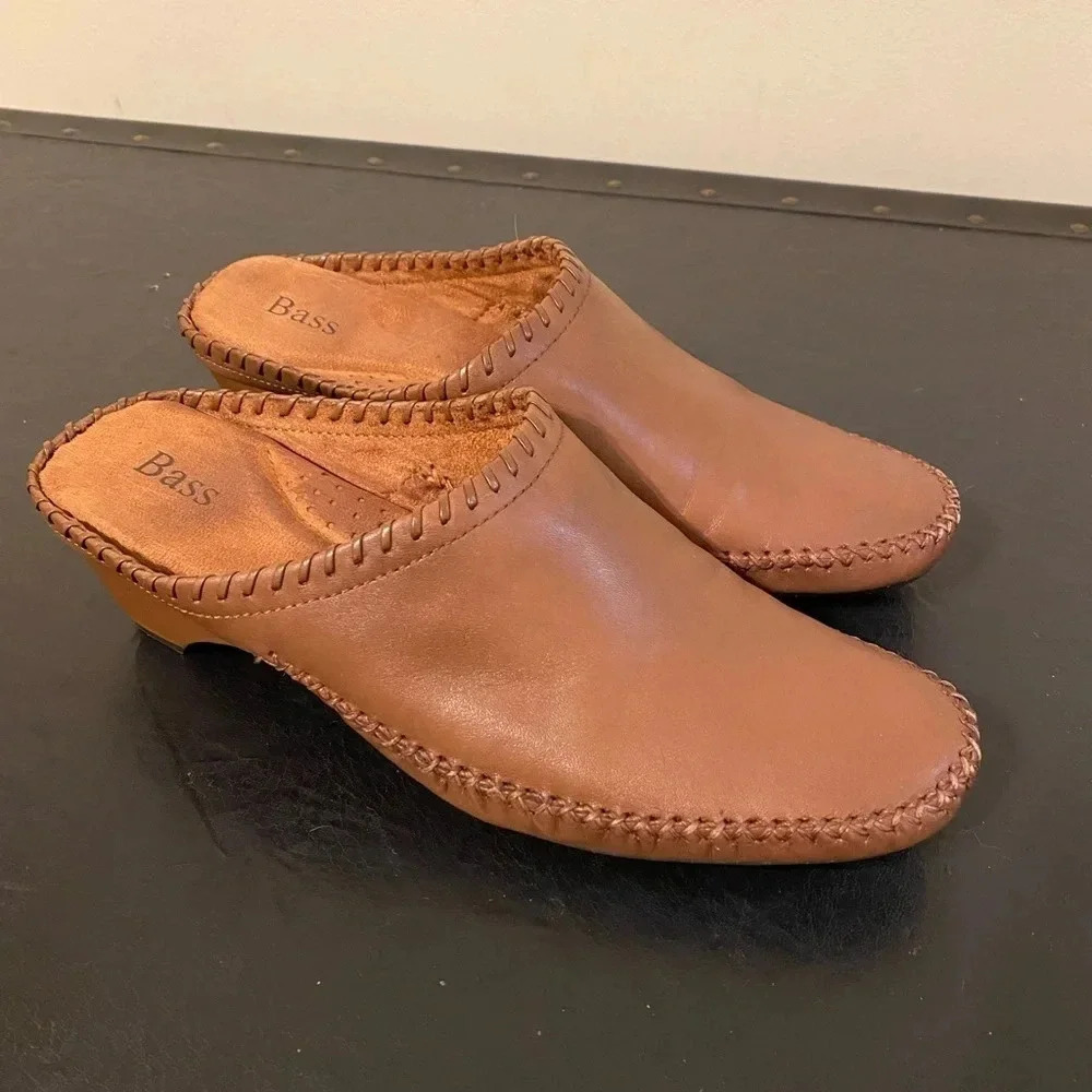 Bass-Valerie Tan Leather Slip On Slides Mules Women’s Shoes Size 9.5M